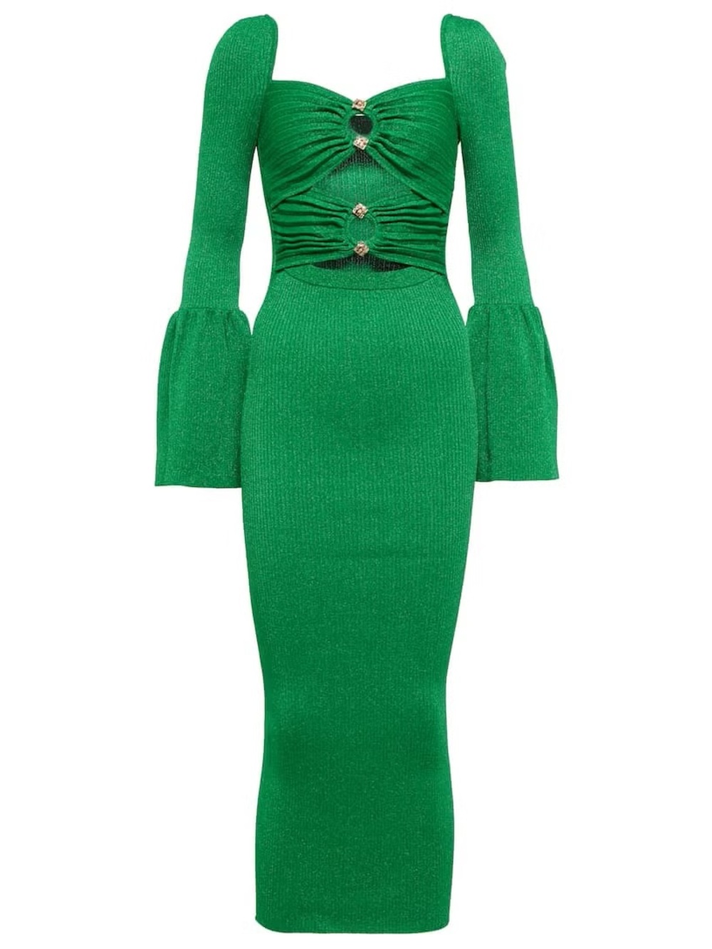 SELF PORTRAIT Cutout Ribbed Knit Lurex Midi Dress in Green Sz S - Picture 4 of 9
